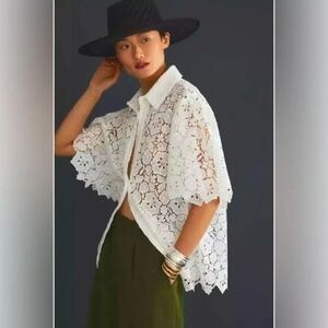 Women's Maeve Anthropologie White Button Front Short Sleeve Lace Shirt Blouse, S